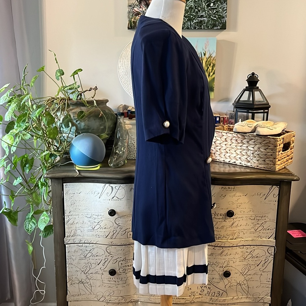 VINTAGE DAWN JOY DOUBLE BREASTED JACKET PLEATED SKIRT SET NAVY BLUE WHITE SIZE 8 - Picture 5 of 13